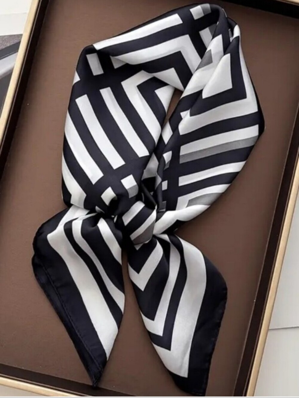Silk-feel Black & White Geometric Silk Scarf